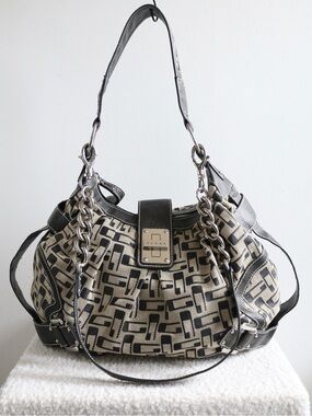 Y2K Vintage Guess Large Slouchy Hobo Shoulder Bag Black Tan Logo Print